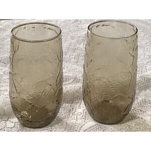 2 Vintage Anchor Hocking Sherwood Spicy Brown Leaves 7” 32oz Tumbler Glasses